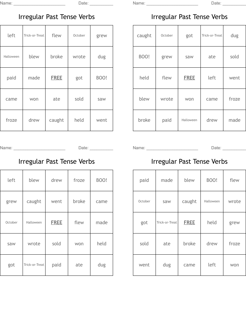 Irregular Past Tense Verbs Bingo Cards