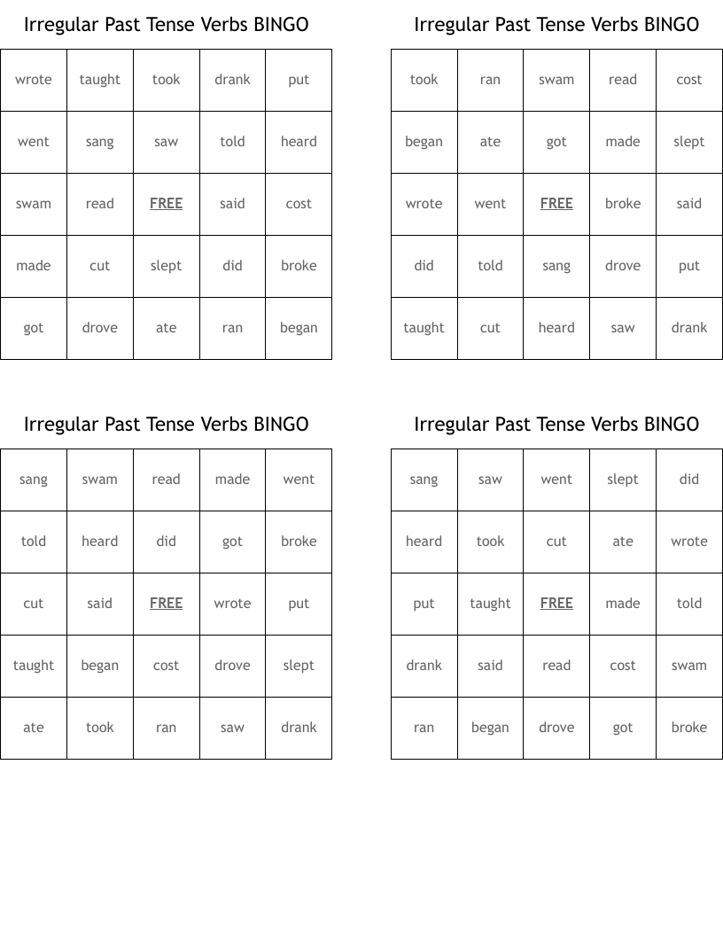Irregular Past Tense Verbs BINGO