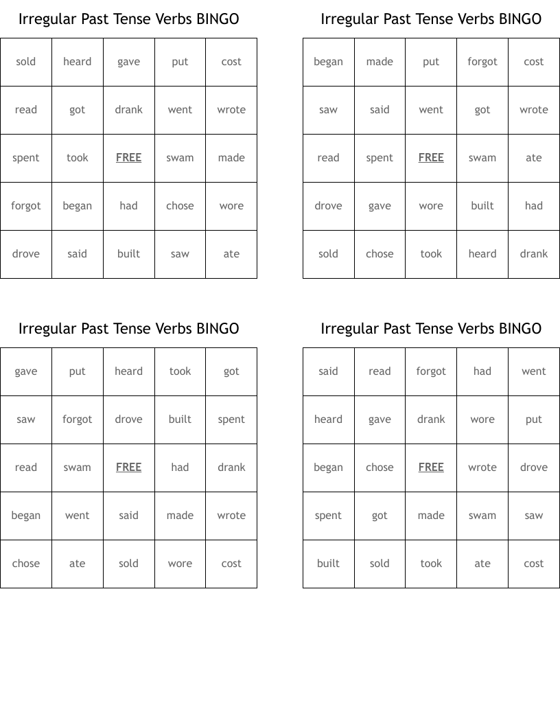 Irregular Past Tense Verbs BINGO