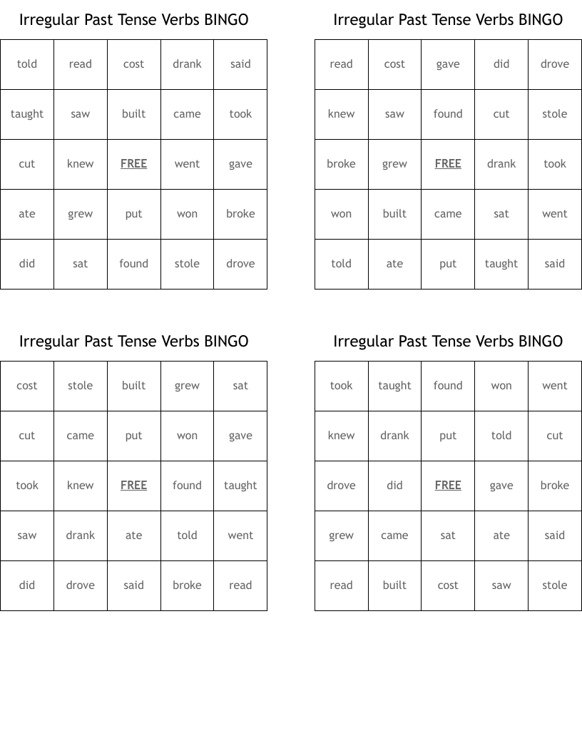 Irregular Past Tense Verbs BINGO