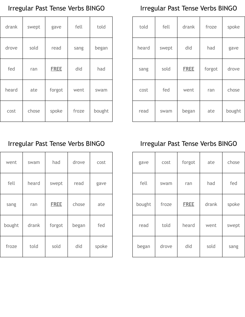 Irregular Past Tense Verbs BINGO