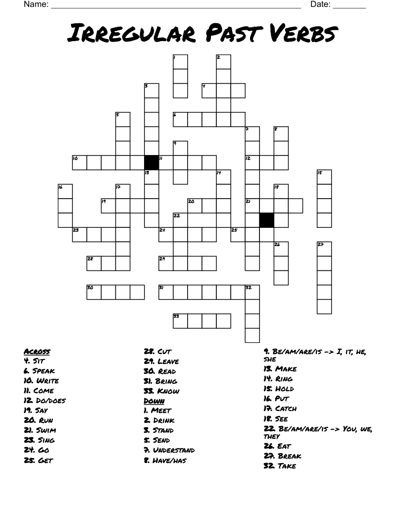 Irregular Past Verbs Crossword