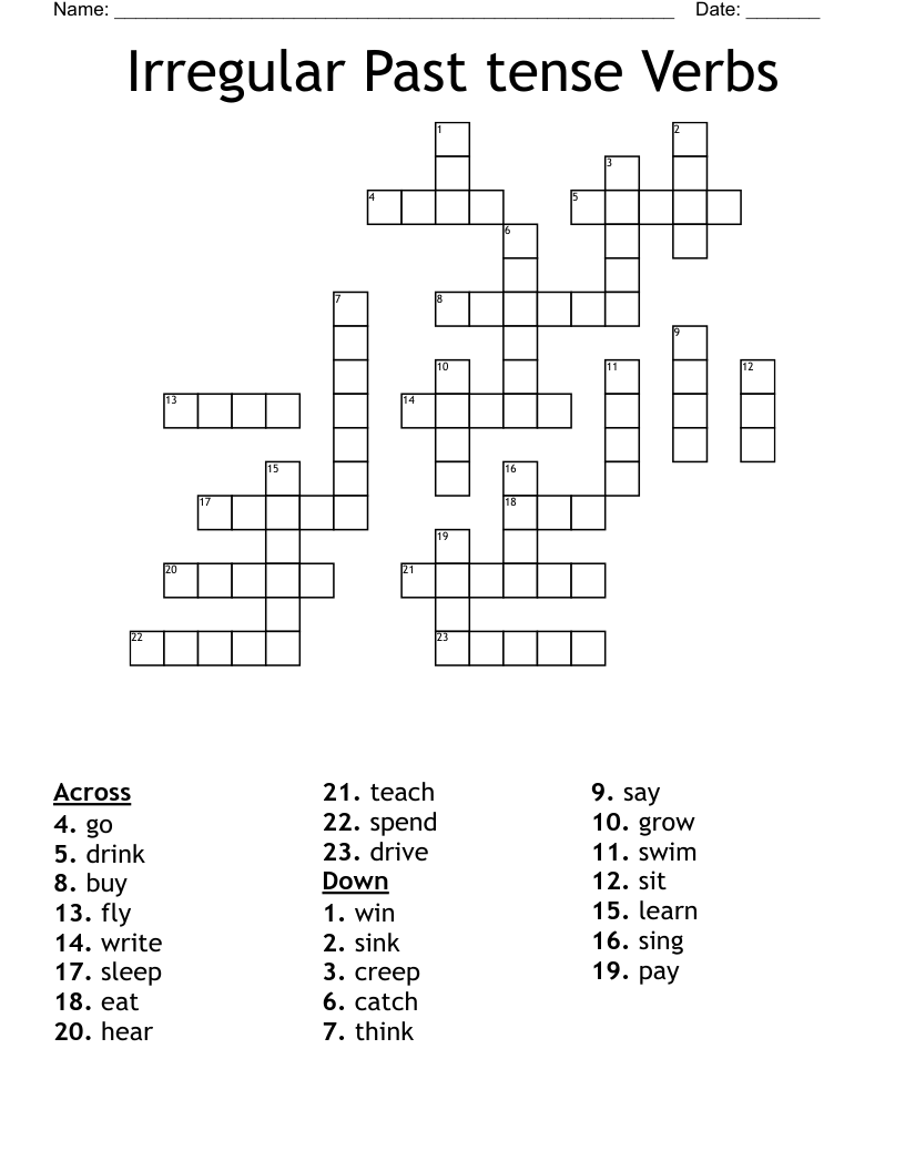 Irregular Past tense Verbs  Crossword