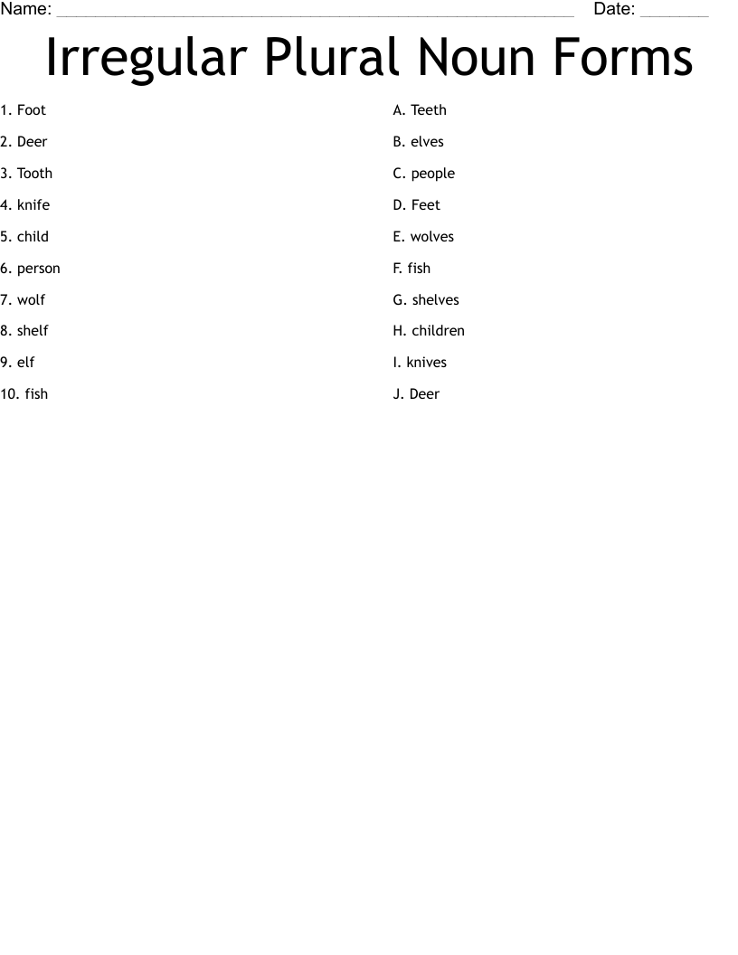Irregular Plural Noun Forms Worksheet