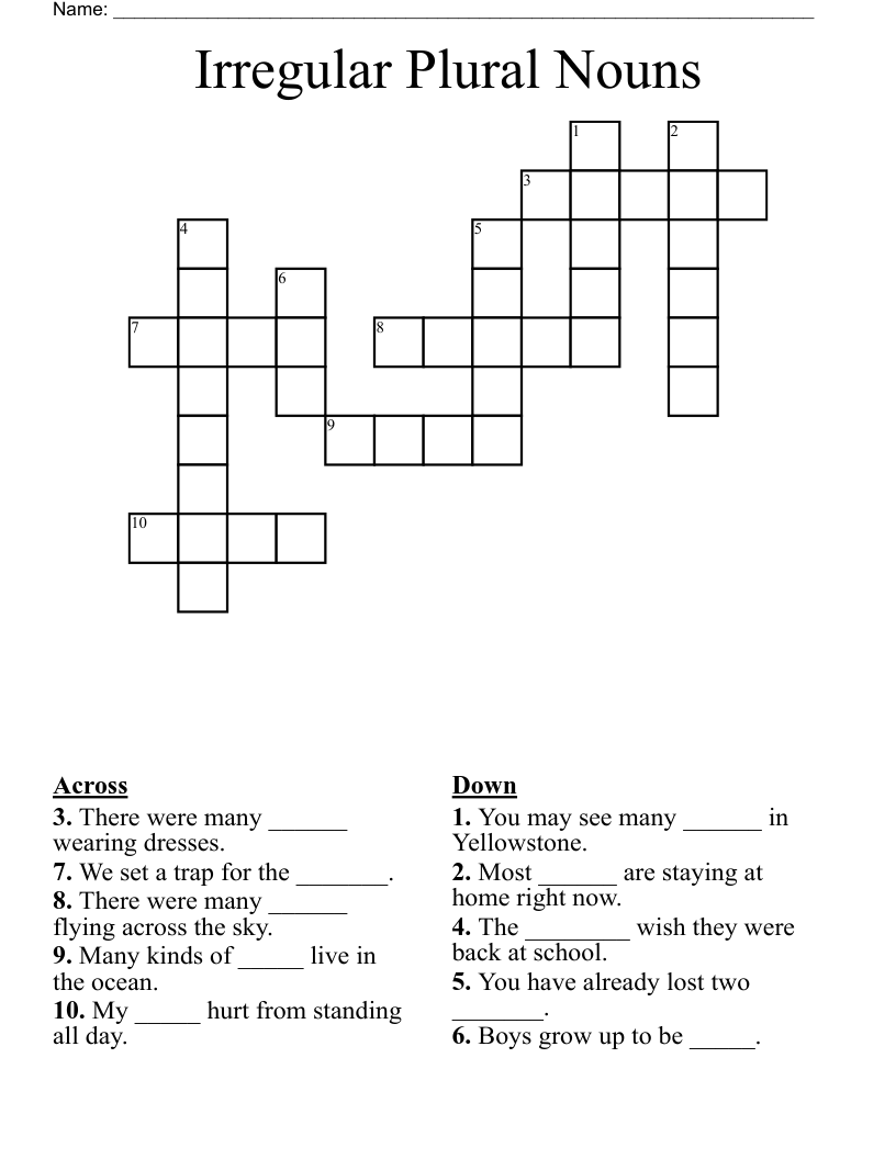 Irregular Plural Nouns Crossword