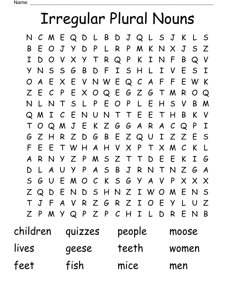 Irregular Plural Nouns Word Search