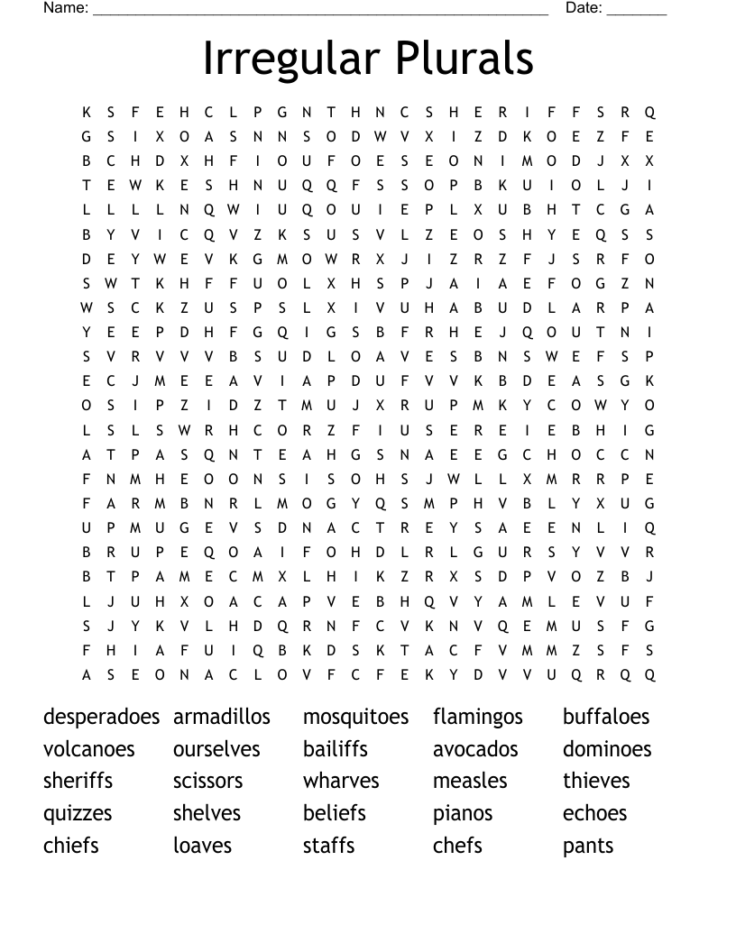 Irregular Plurals Word Search