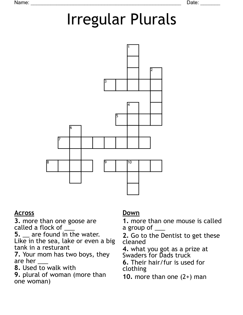 Irregular Plurals Crossword