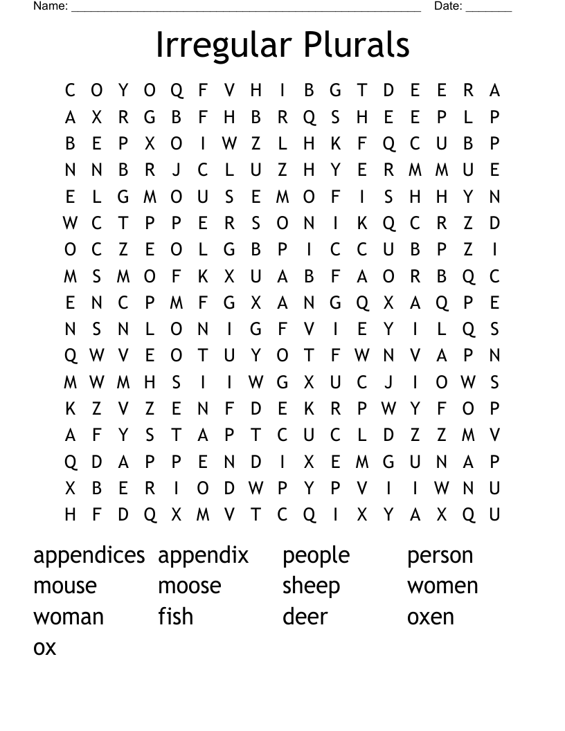 Irregular Plurals Word Search