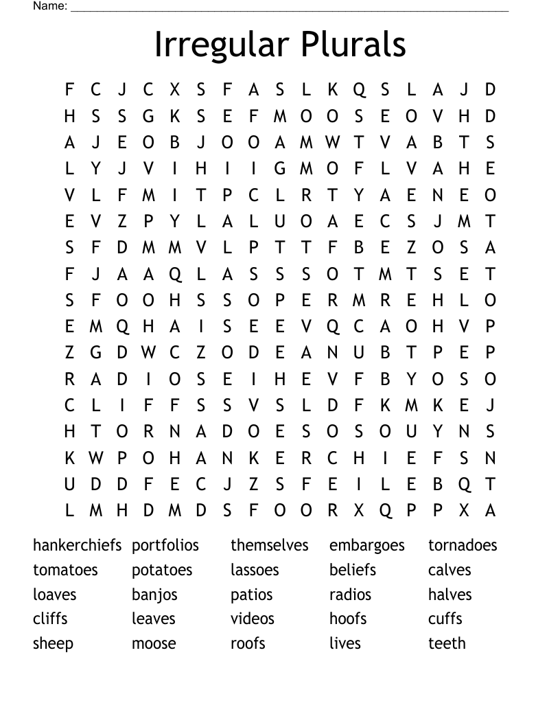 Irregular Plurals Word Search