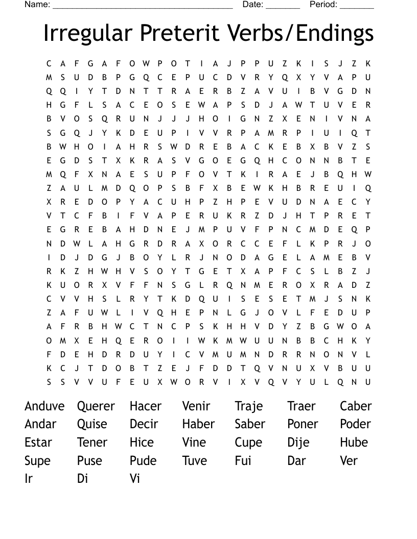 Irregular Preterit Verbs/Endings Word Search