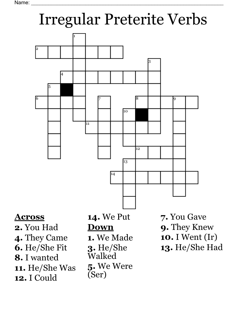 Irregular Preterite Verbs Crossword