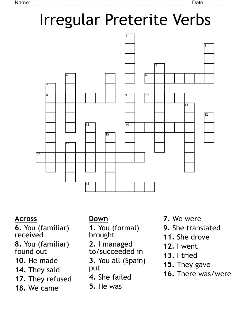 Irregular Preterite Verbs Crossword