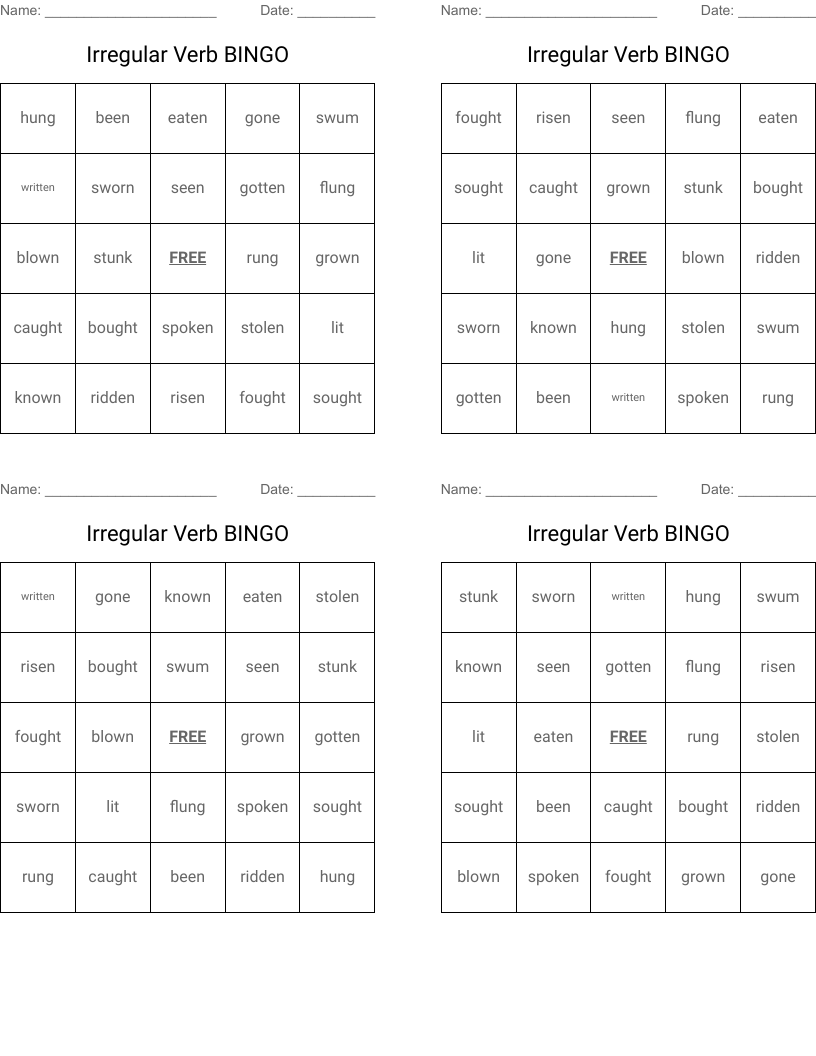 Irregular Verb BINGO