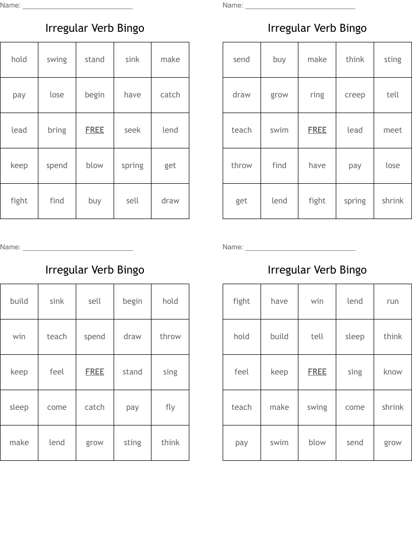 Irregular Verb Bingo