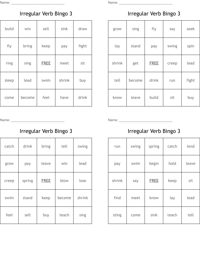 Irregular Verb Bingo 3