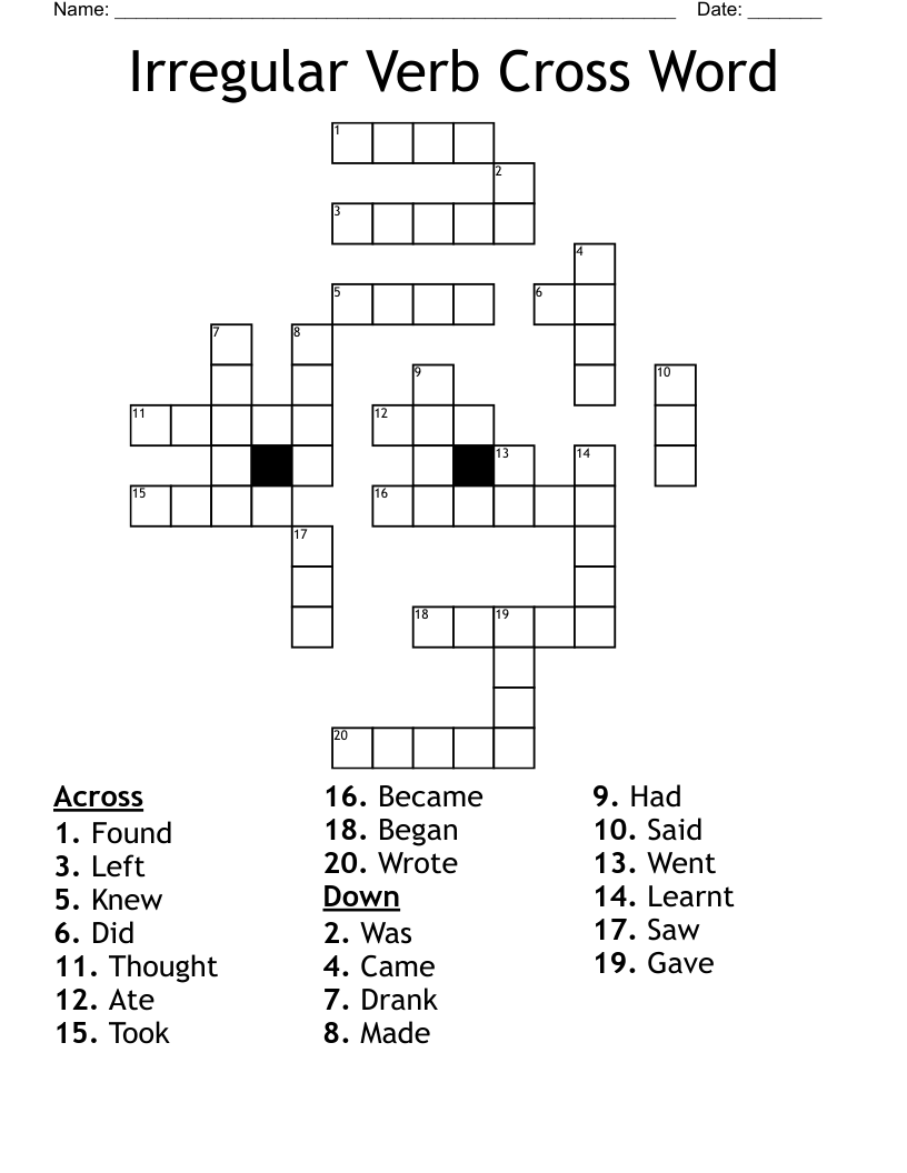 Irregular Verb Cross Word