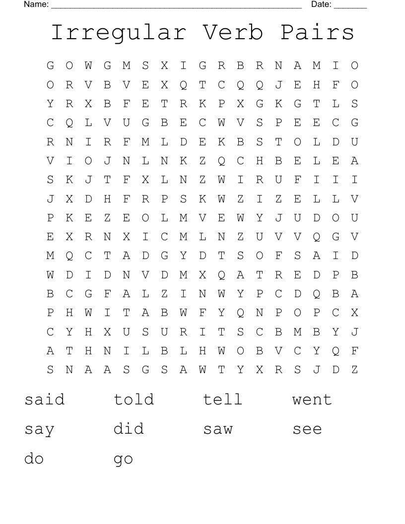 Irregular Verb Pairs Word Search