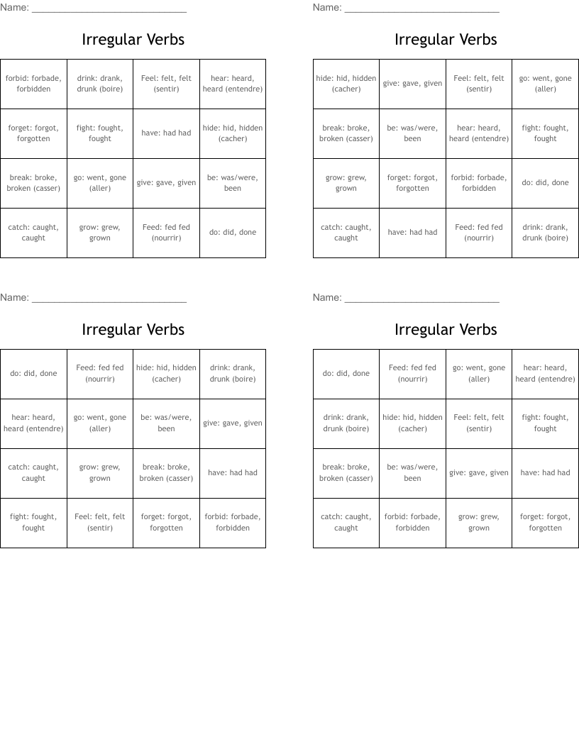 Irregular Verbs Bingo Cards