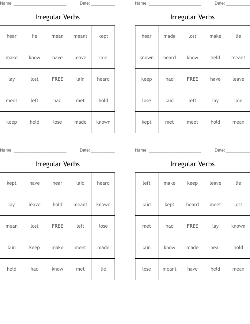 Irregular Verbs Bingo Cards