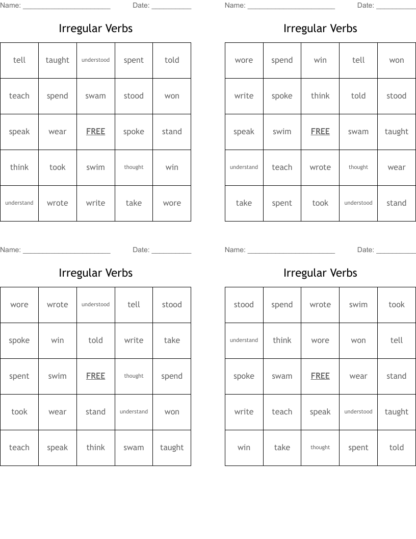 Irregular Verbs Bingo Cards