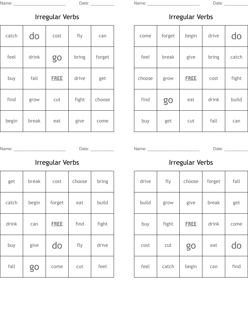 Irregular Verbs Bingo Cards