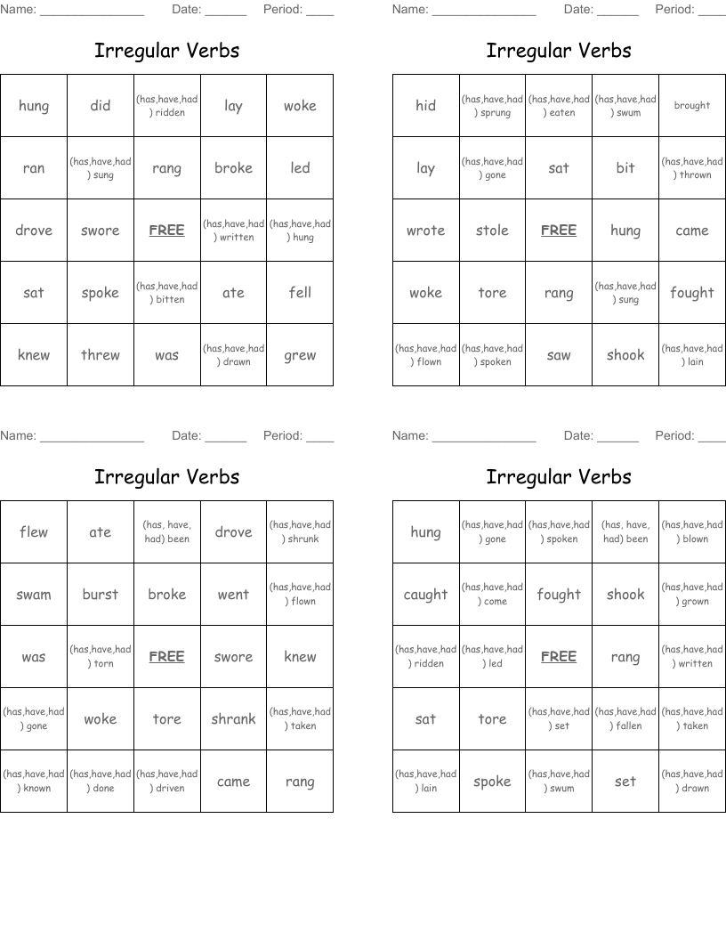 Irregular Verbs Bingo Cards