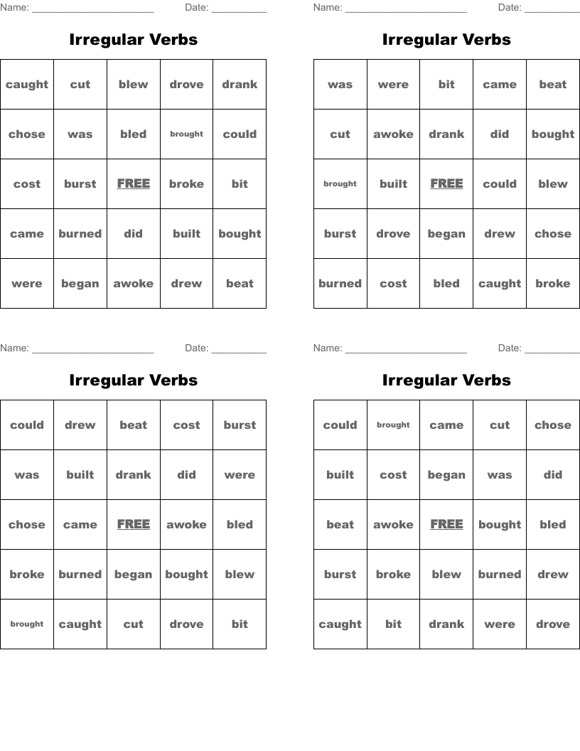 Irregular Verbs Bingo Cards