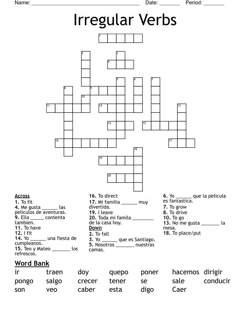 Irregular Verbs Crossword
