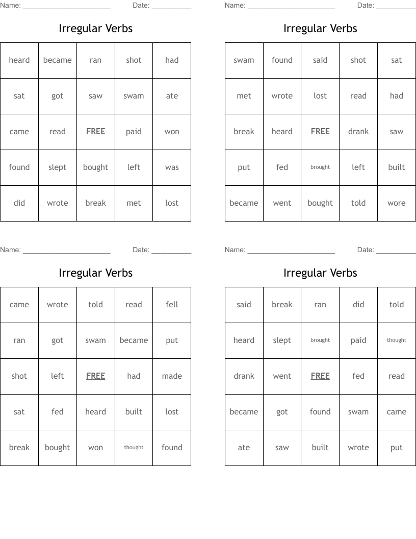 Irregular Verbs Bingo Cards