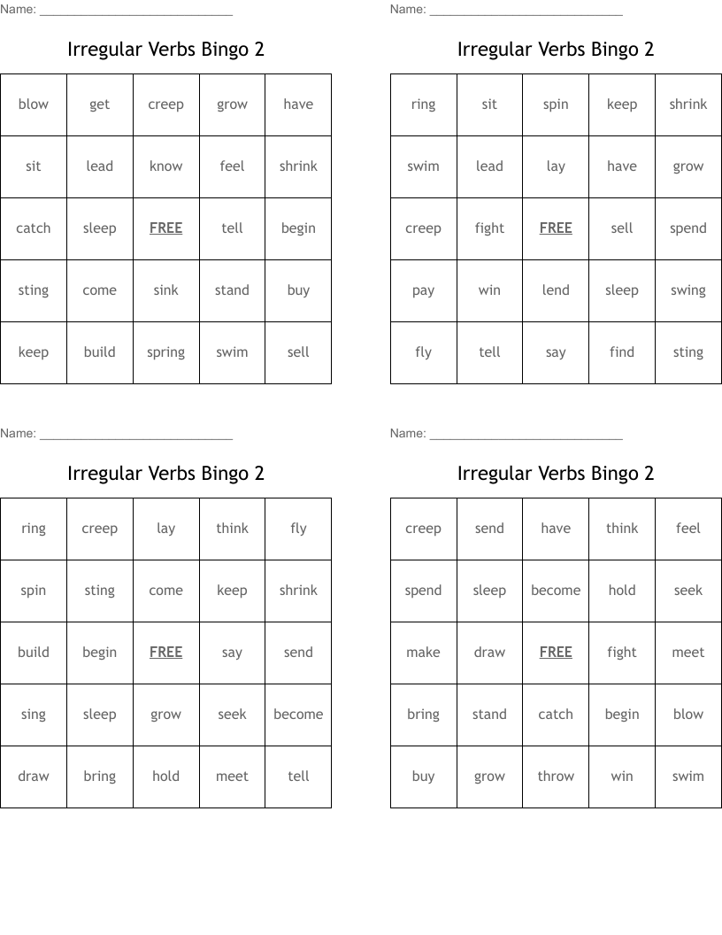 Irregular Verbs Bingo 2