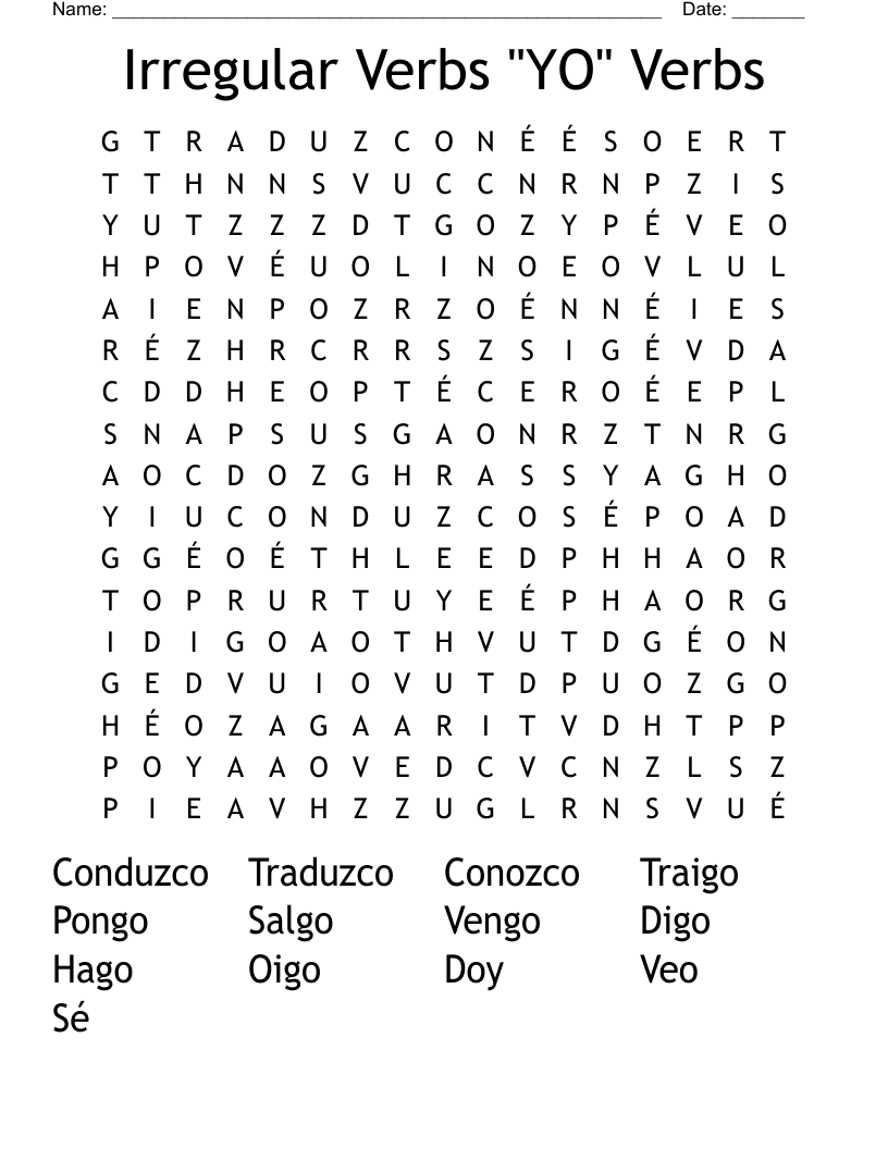 Irregular Verbs "YO" Verbs Word Search