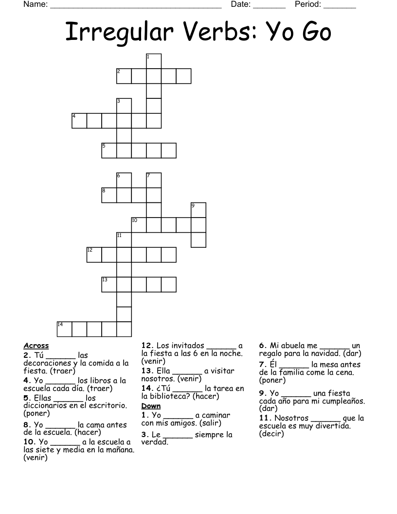 Irregular Verbs: Yo Go Crossword