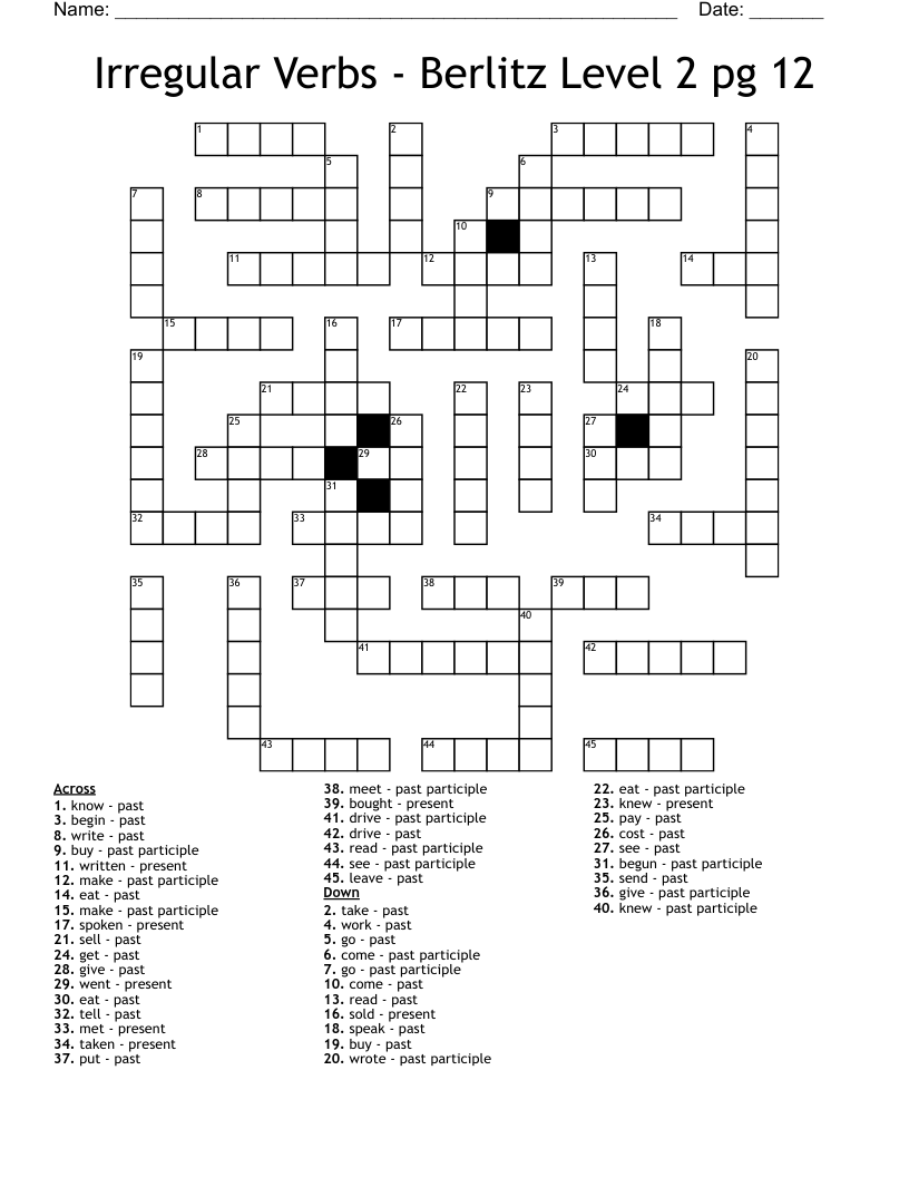 Irregular Verbs - Berlitz Level 2 pg 12 Crossword