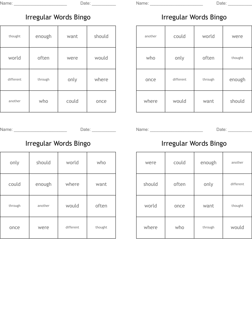 Irregular Words Bingo