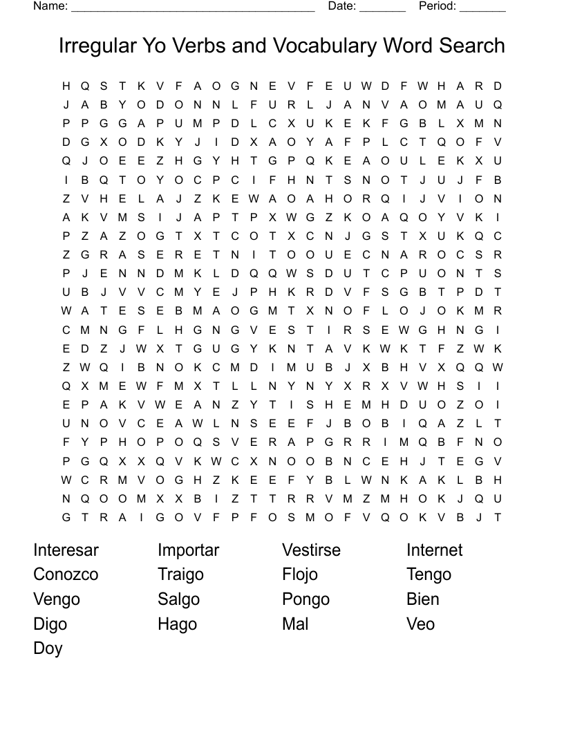 Irregular Yo Verbs and Vocabulary Word Search