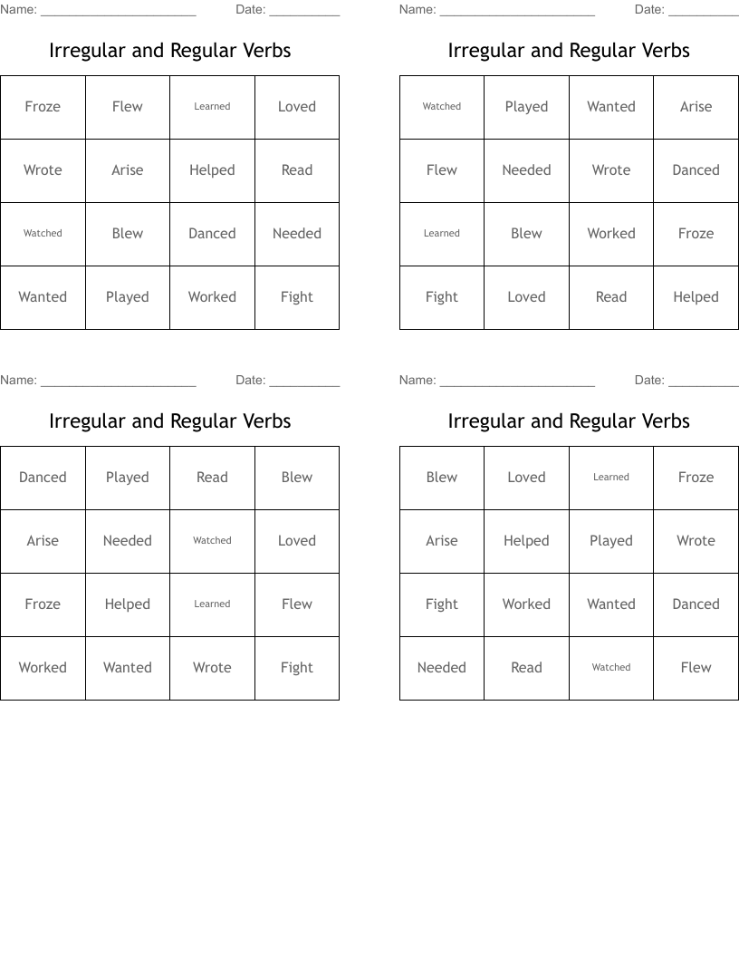 Irregular and Regular Verbs Bingo Cards