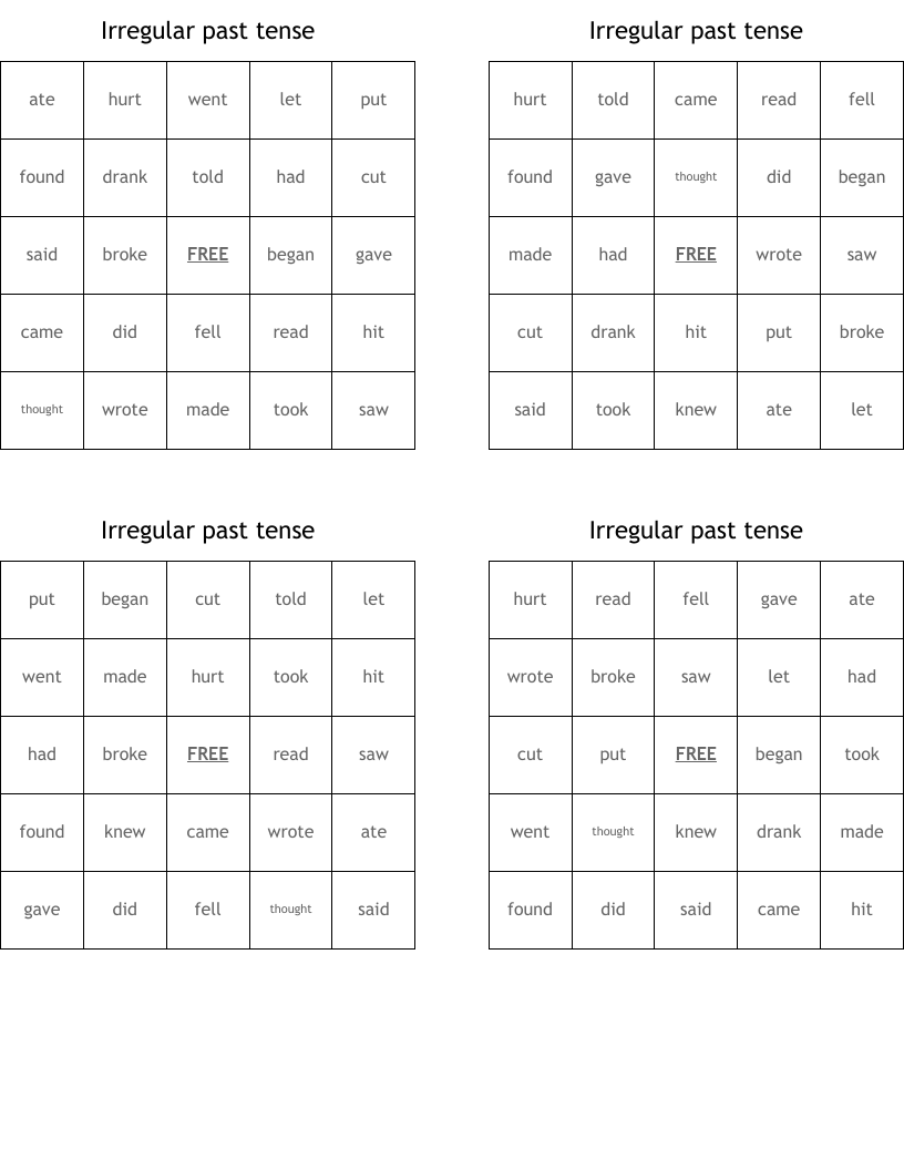 Irregular past tense Bingo Cards