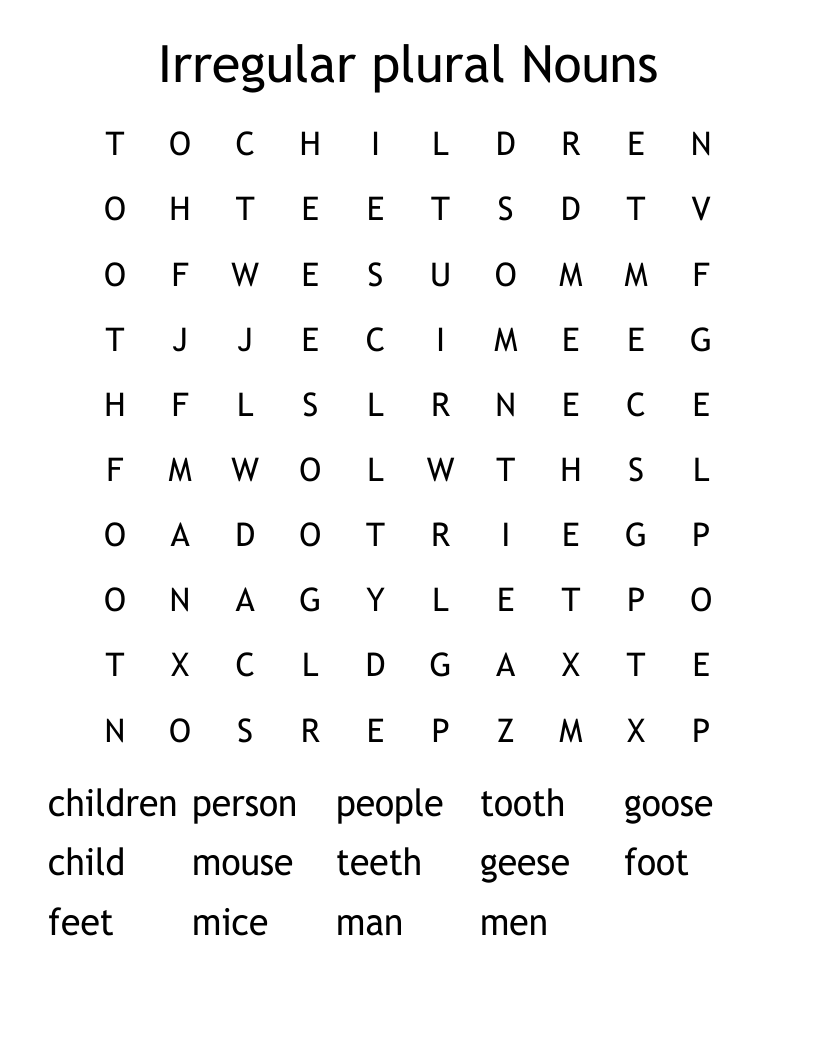 Irregular plural Nouns Word Search