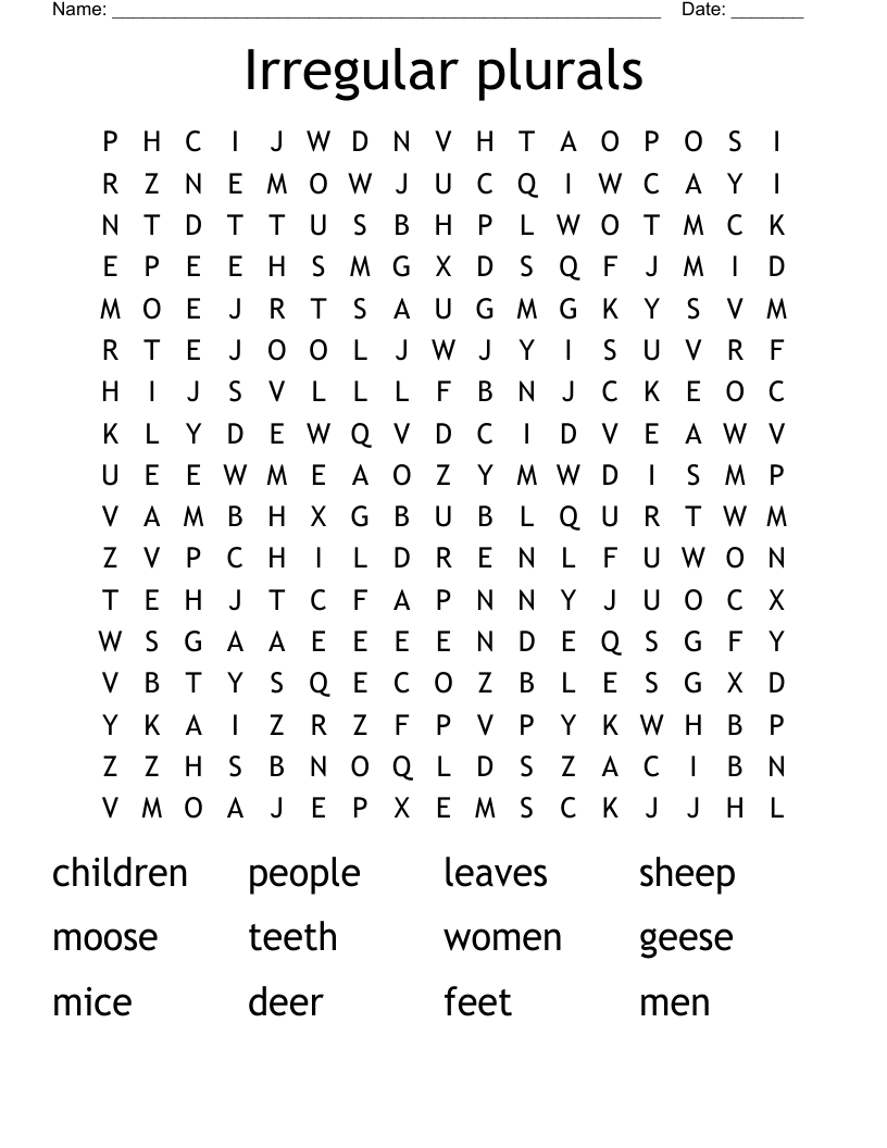 Irregular plurals Word Search