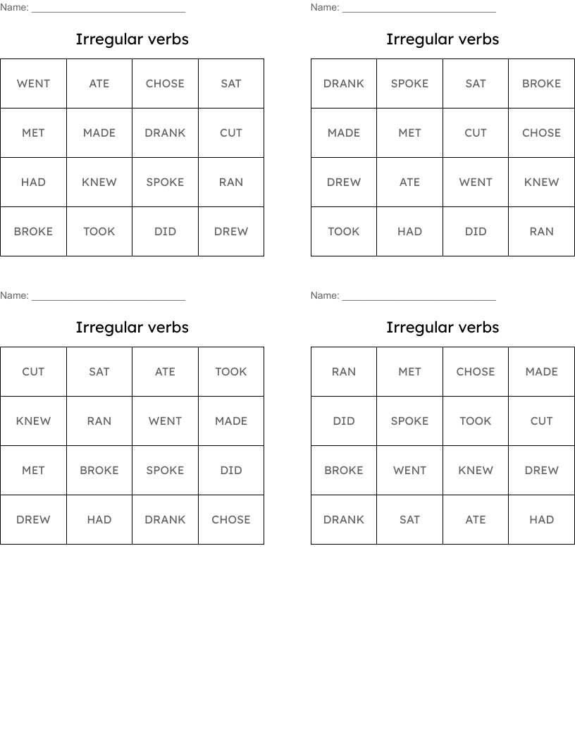 Irregular verbs Bingo Cards