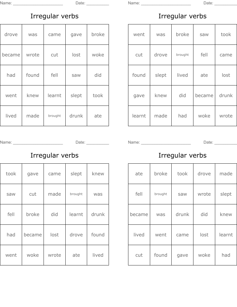 Irregular verbs Bingo Cards