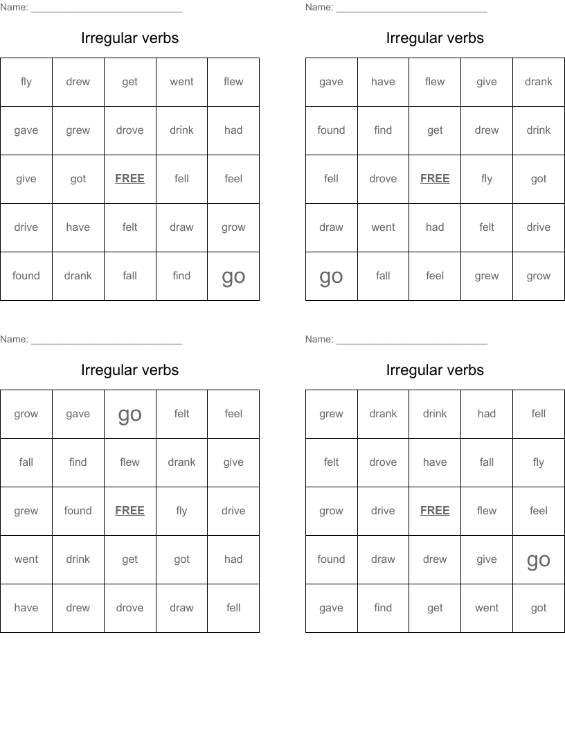 Irregular verbs Bingo Cards
