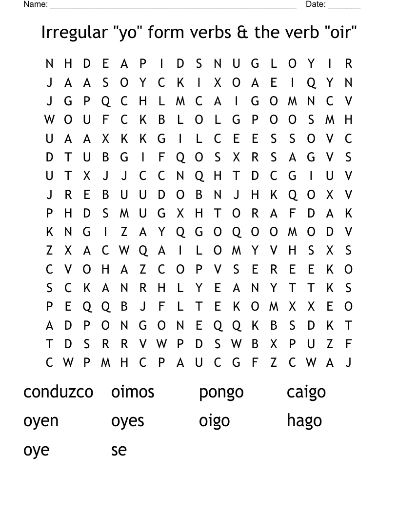 Irregular "yo" form verbs & the verb "oir" Word Search