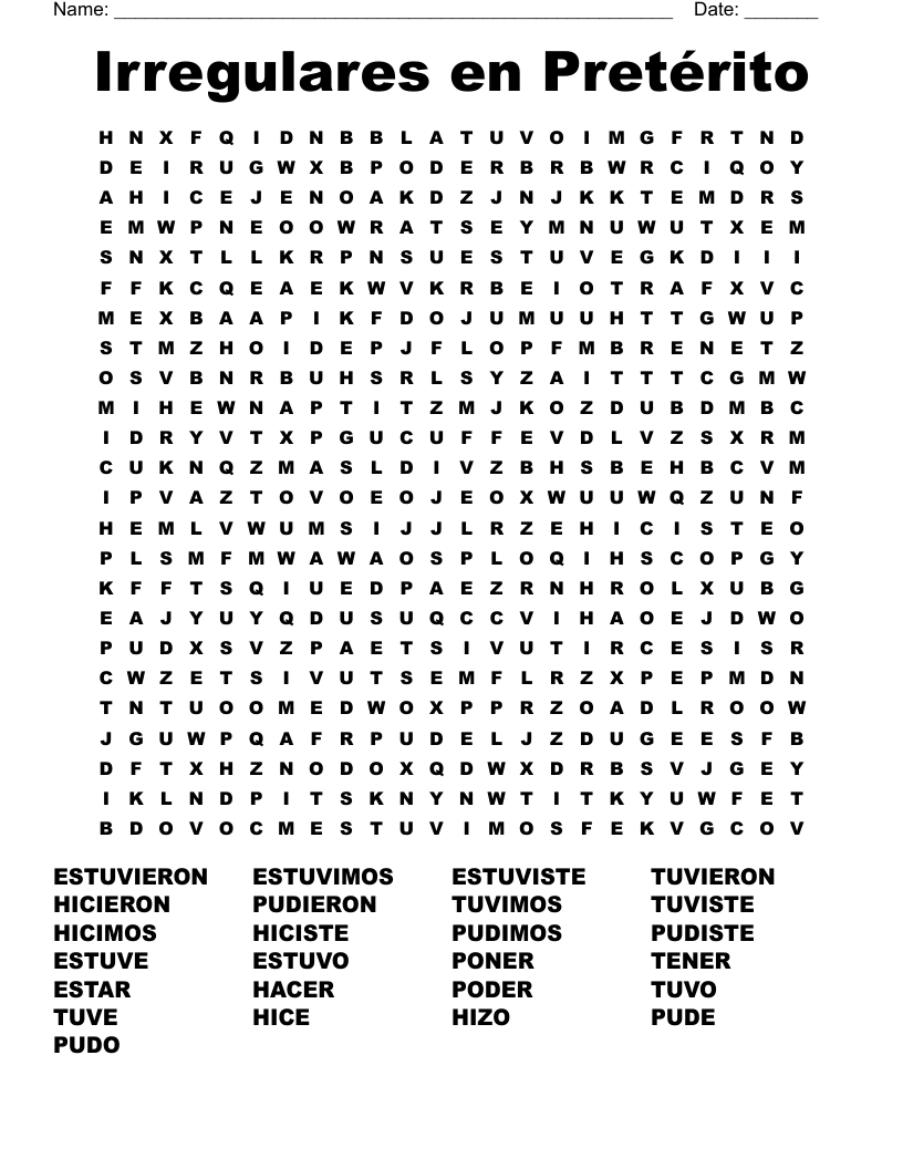 Irregulares en Pretérito Word Search
