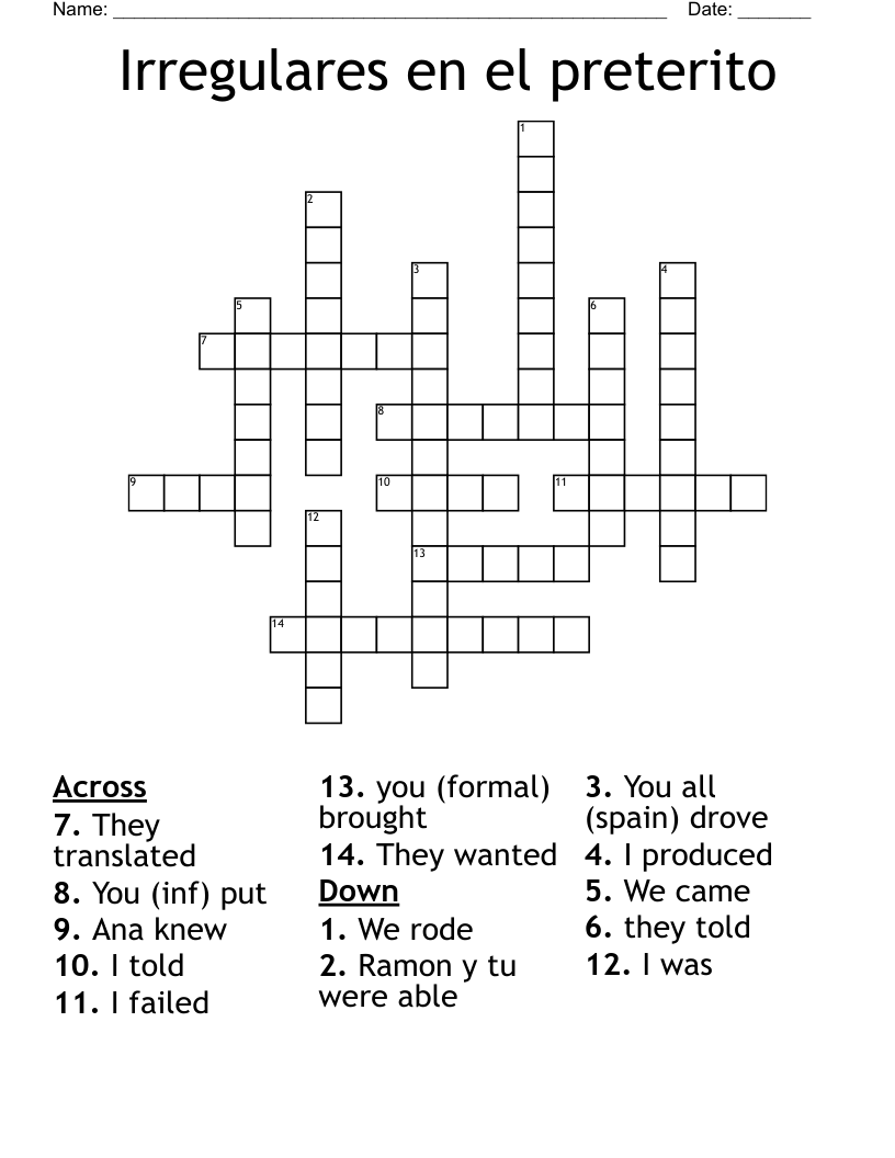 Irregulares en el preterito  Crossword