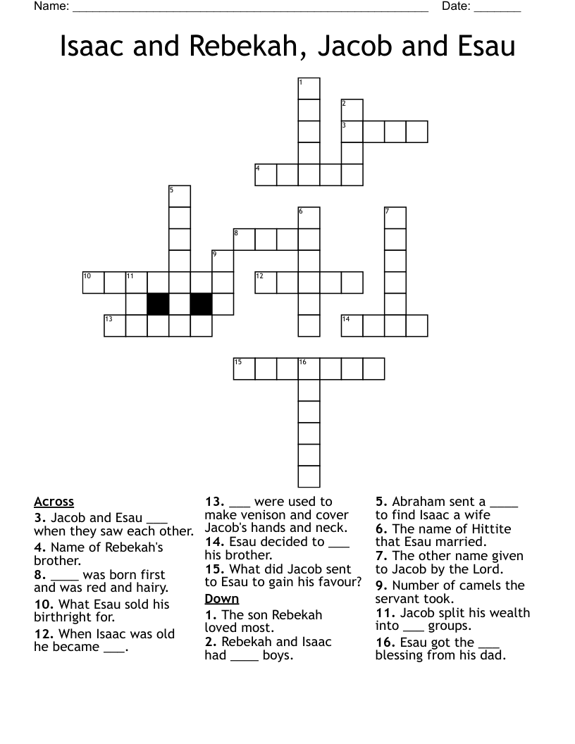 Isaac and Rebekah, Jacob and Esau Crossword