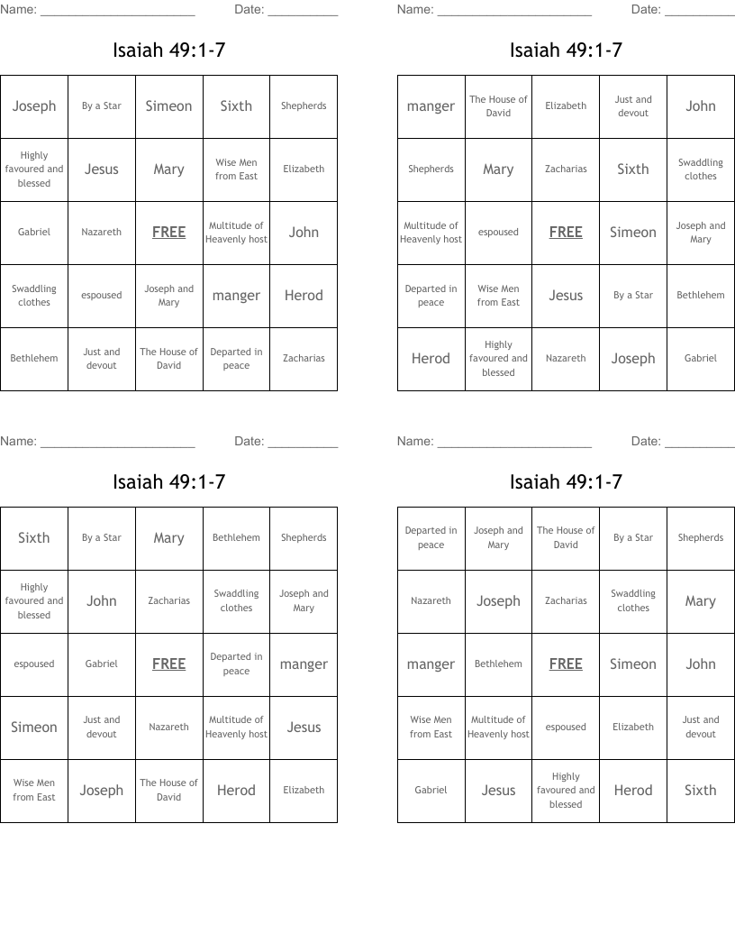 Isaiah 49:1-7 Bingo Cards