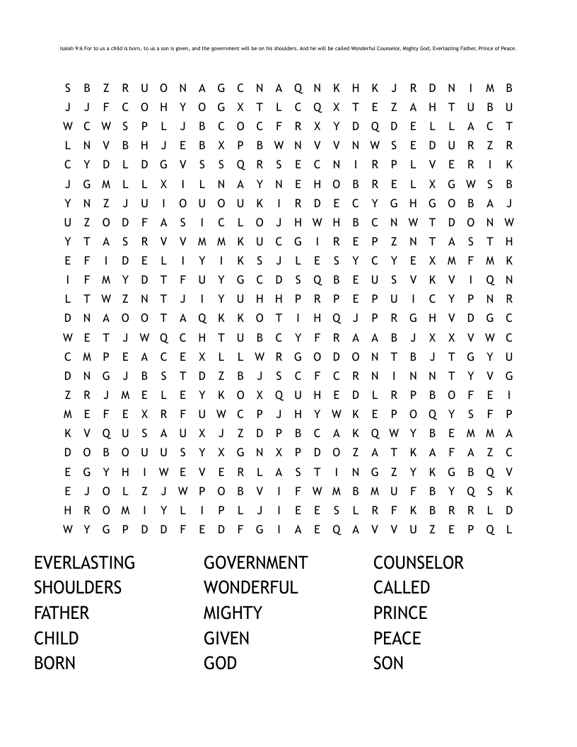 Isaiah 9:6 For to us a child is born, to us a son is given, and the government will be on his shoulders. And he will be called Wonderful Counselor, Mighty God, Everlasting Father, Prince of Peace. Word Search
