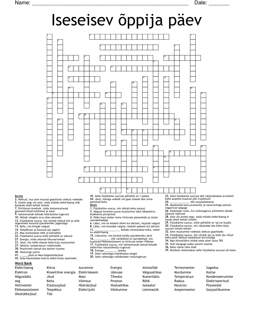 Iseseisev õppija päev Crossword